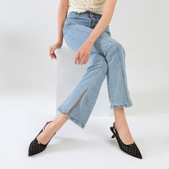 Women's Black Polka Pointed Toe Pumps Patent Leather Slingback Heels With Buckle - Picture 6 of 9